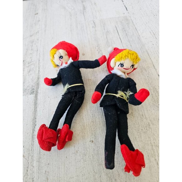 Antique felt elf set decor poseable Japan black red Xmas - Picture 1 of 16